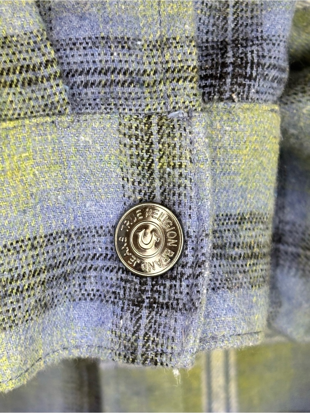 True Religion Plaid Flannel Shirt Horseshoe Logo Rhinestone Back Small - Picture 9 of 14